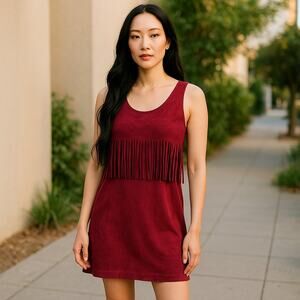 Poof! Womens Bodice Fringe Dress Microsuede Burgundy NEW‎ Size Small